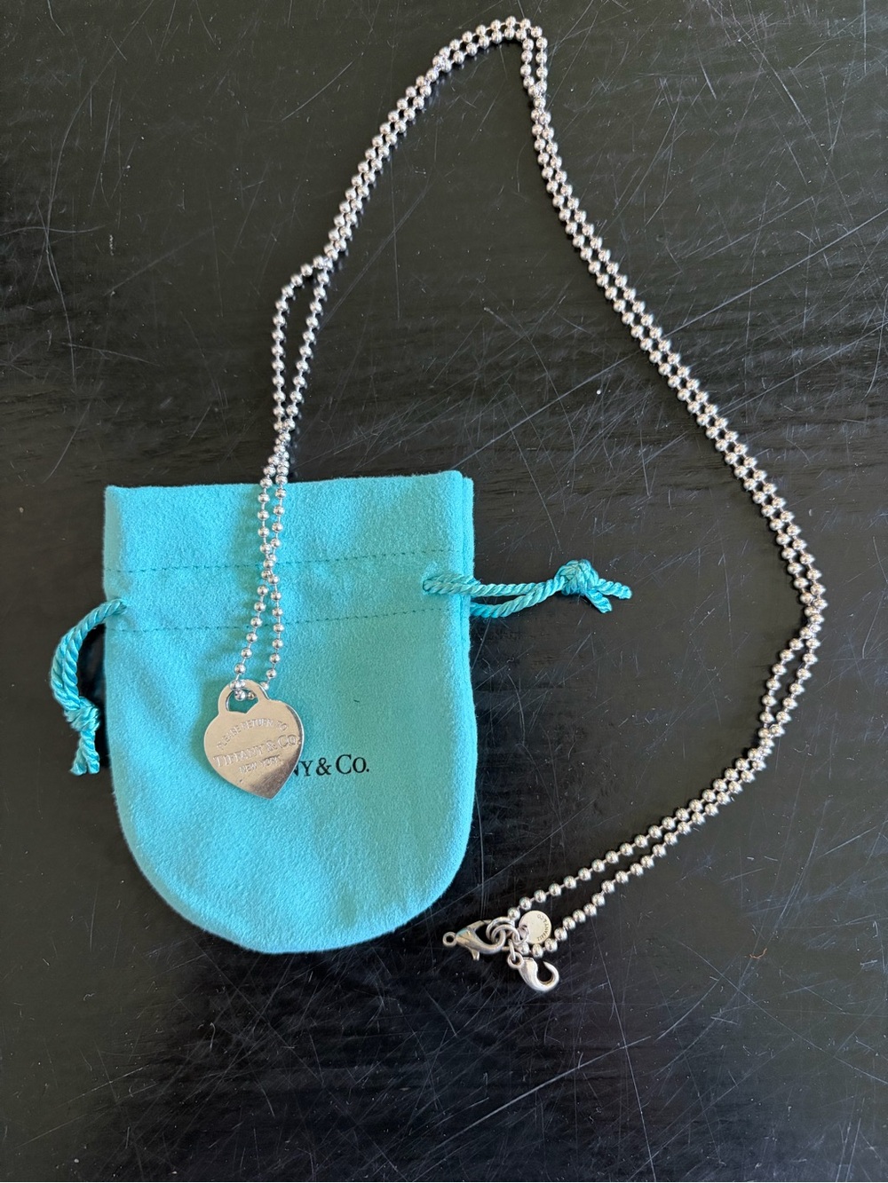 Tiffany & Co. Sterling Silver Heart Tag Necklace with Blue Pouch